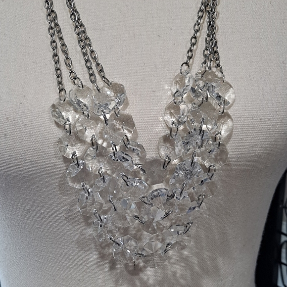 Statement necklace with Clear Crystals, 4 Strand Silver Chain - Picture 2 of 6